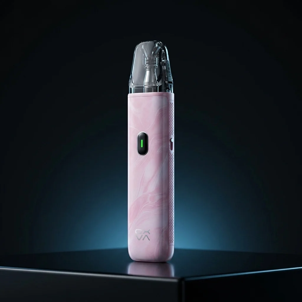 OXVA Xlim Go Lite en rosa, un pod recargable sencillo, sobre fondo oscuro de estudio.